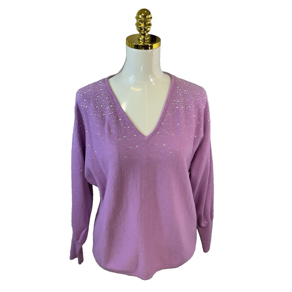 VINCE CAMUTO Women's Pink  Sweater Silver Rhinestones Large Pullover Long Sleeve
